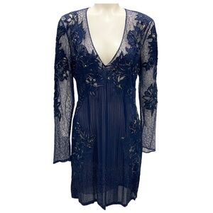 ROBERTO CAVALLI NAVY BEAD AND SEQUIN EMBELLISHED LACE COCKTAIL DRESS